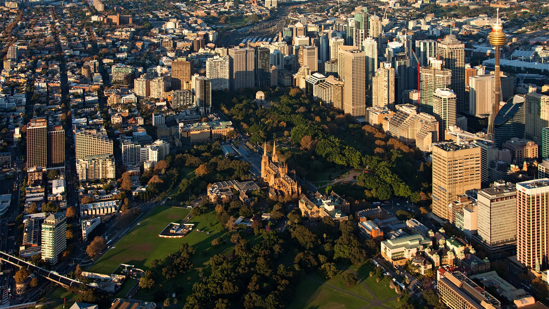 Aerial shot of Hyde Park Sydney